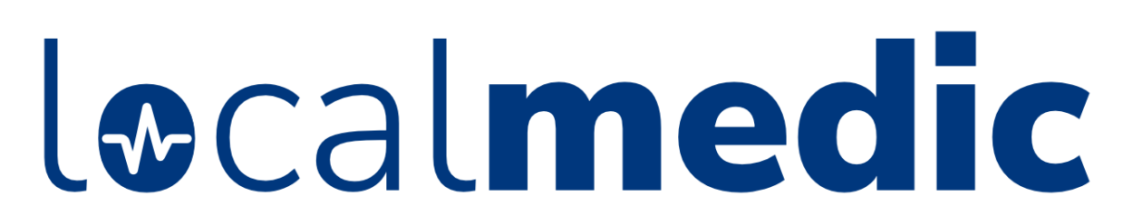 Logo with the word "localmedic" in dark blue; the letter "o" features a white waveform symbol inside.