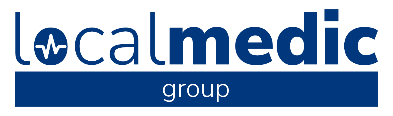 Logo showing "localmedic group" with a heartbeat line integrated into the "l" of "localmedic.