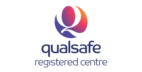 Qualsafe registered centre logo featuring a stylized "Q" in purple and orange above the text "qualsafe registered centre" on a white background.