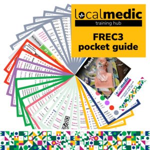 Colourful pocket guide fan spread displaying various medical training materials, perfect as a course add-on. "Local Medic Training Hub" and "Medic Pocket Guide" text at the top. Geometric pattern border at the bottom.