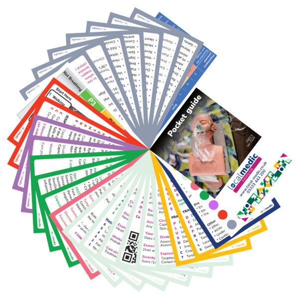 A fanned-out set of colorful Medic Pocket Guide cards showcases vital medical information. Labeled "Pocket Guide," the cover features an image of a person wearing a mask, emphasizing safety and preparedness.