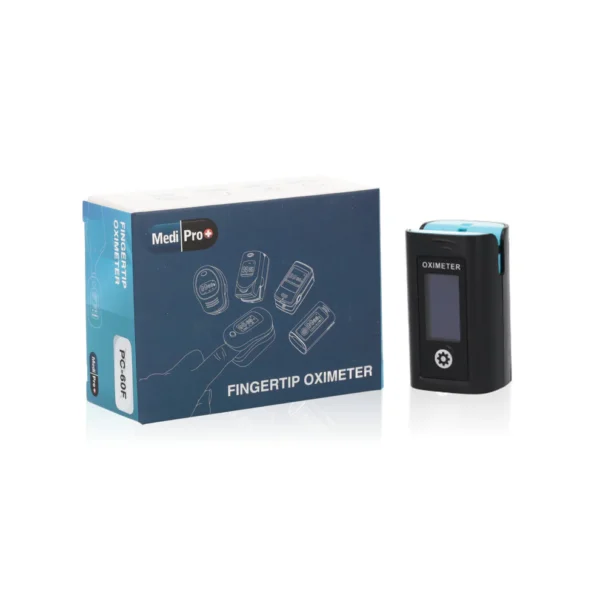 Box and device of a Fingertip Oximeter, labeled MediPro Plus. Ideal for medics or as a starter pack, the box features illustrations of the oximeter, showcasing its user-friendly design.