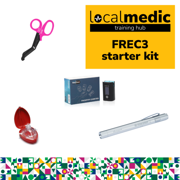 This Medic starter pack includes a medical training kit with pink trauma shears, a pulse oximeter box, LED penlight, and red CPR face shield, all set against a vibrant geometric patterned background. Perfect as a course add-on for enhancing your emergency preparedness skills.