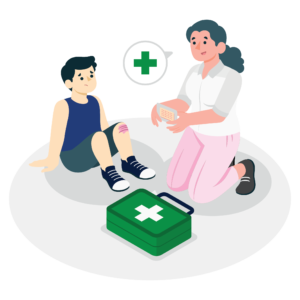 Illustration of a woman kneeling with a first aid kit, offering a bandage to a seated boy with a scraped knee.