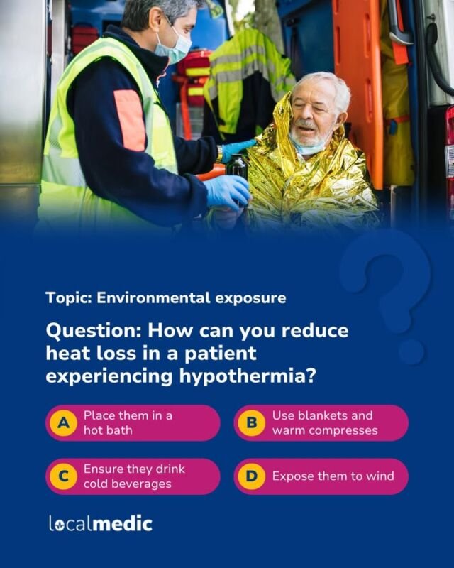 Environmental exposure quiz!

Hypothermia can be life-threatening — but do you know how to manage it effectively? 🤔

Drop your answer in the comments 👇

#PreHospitalCare #Hypothermia #EnvrionmentalExposure #MedicalTraining #Quiz #MedicalQuiz #LocalMedic