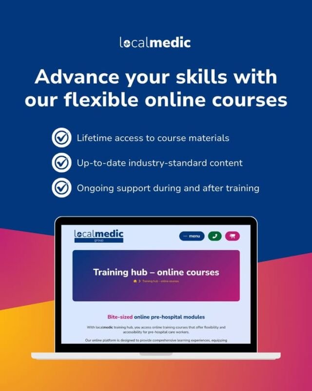 Advance your skills with our online courses 💻🌟

Looking to enhance your pre-hospital care knowledge? Our online courses are designed to fit around your schedule so you can learn anytime, anywhere.

What you get with LocalMedic's online training:

✅ Lifetime access
All courses include lifetime access, so you can revisit the material whenever you need and stay up to date with new content and updates.

✅ Ongoing support 
You'll have access to resources and a dedicated helpline to support you during and after your training.

✅ Up-to-date curriculum
Our course content is up-to-date with the latest industry standards and guidelines, ensuring you're learning the best and most current practices.

Ready to start your journey? Get in touch today!

📧 hello@local-medic.co.uk
📞 033 33 44 32 00 ┃ WhatsApp: 07482 062555
🌐 Learn more: https://local-medic.co.uk/online-training-hub/

#FREC3 #PreHospitalCare #MedicalTraining #FirstAid #FirstAidTraining #EmergencyResponse #LocalMedic